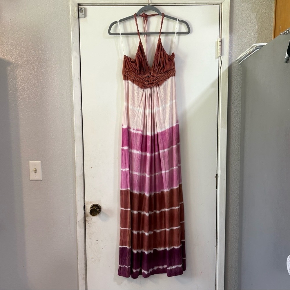 Vintage SKY Tie Dye Maxi Dress Crochet Halter Boho Festival Gypsy Romantic M